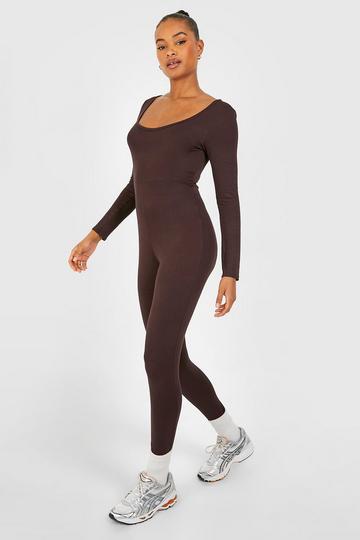 Tall Basic Jersey Knit Scoop Longsleeve Unitard chocolate