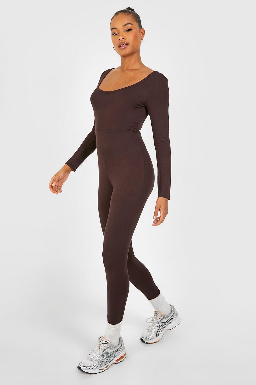 Chocolate Tall Basic Jersey Knit Scoop Longsleeve Unitard image number 1