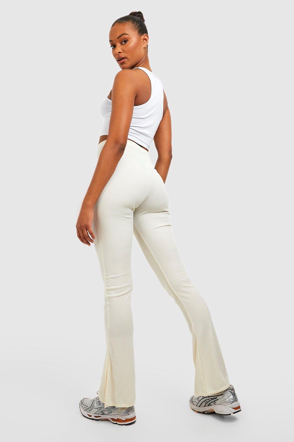 Beige Ribbed Split Flared Leggings