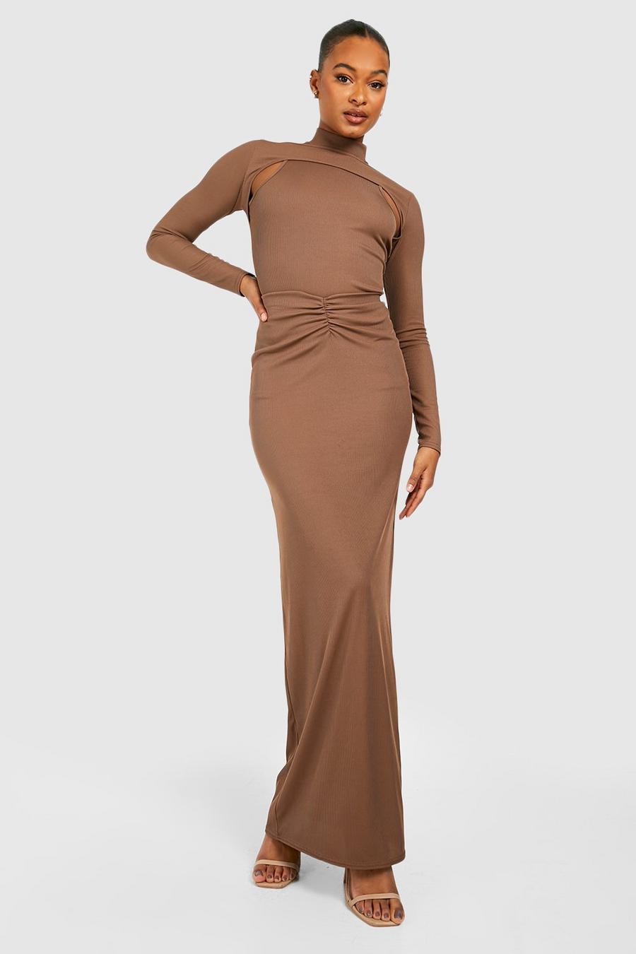 Chocolate brun Tall Rib Ruched Front Maxi Skirt image number 1