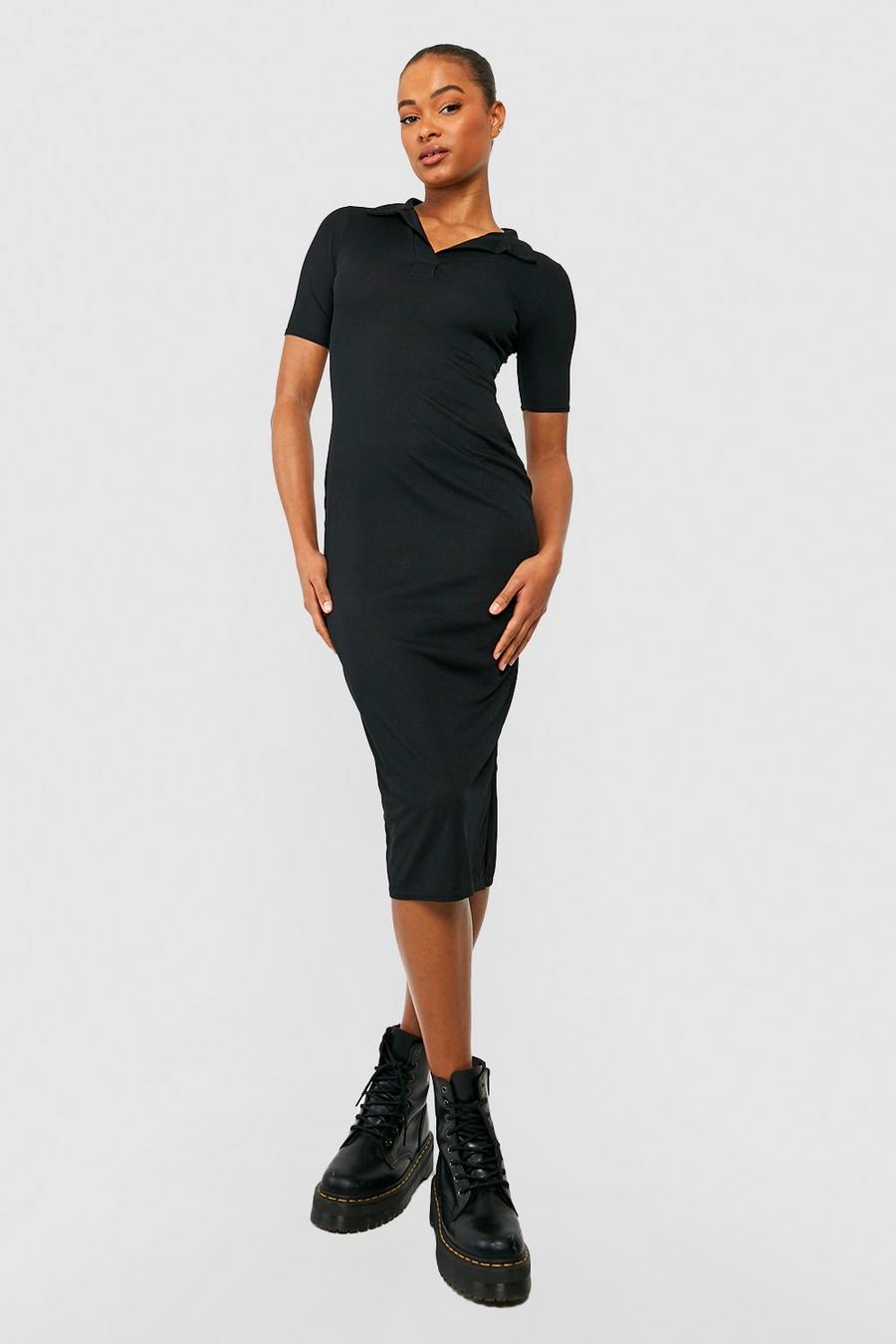 Black Tall Rib Collar Split Side Midi Dress image number 1
