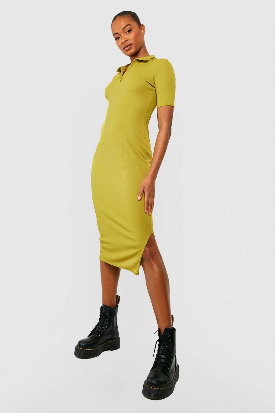 Lime Tall Rib Collar Split Side Midi Dress image number 1