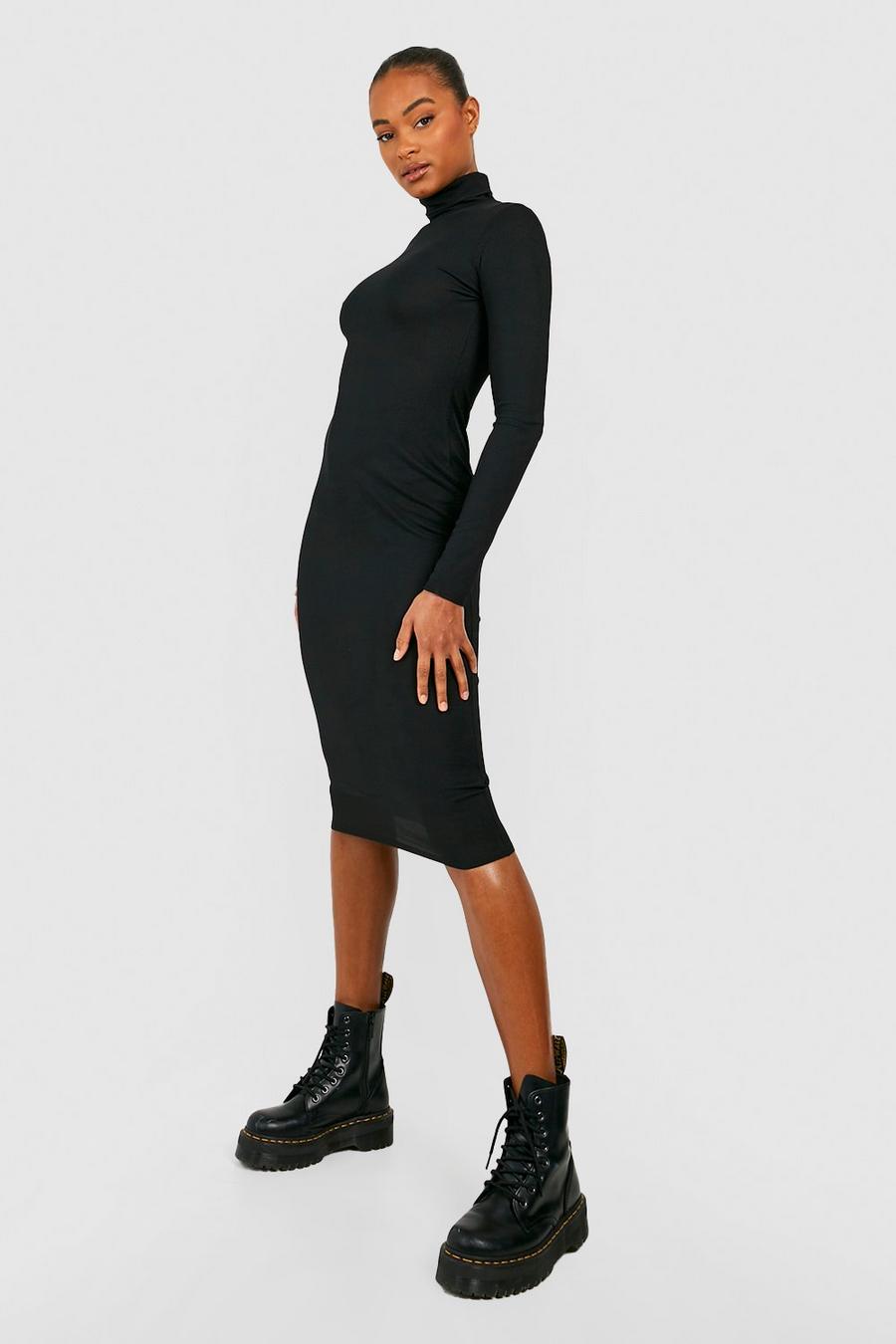 Black Tall Rib Roll Neck Longsleeve Midi Dress image number 1