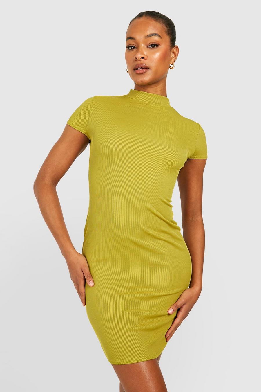 Lime Tall Rib Funnel Neck Cap Sleeve Mini Dress image number 1