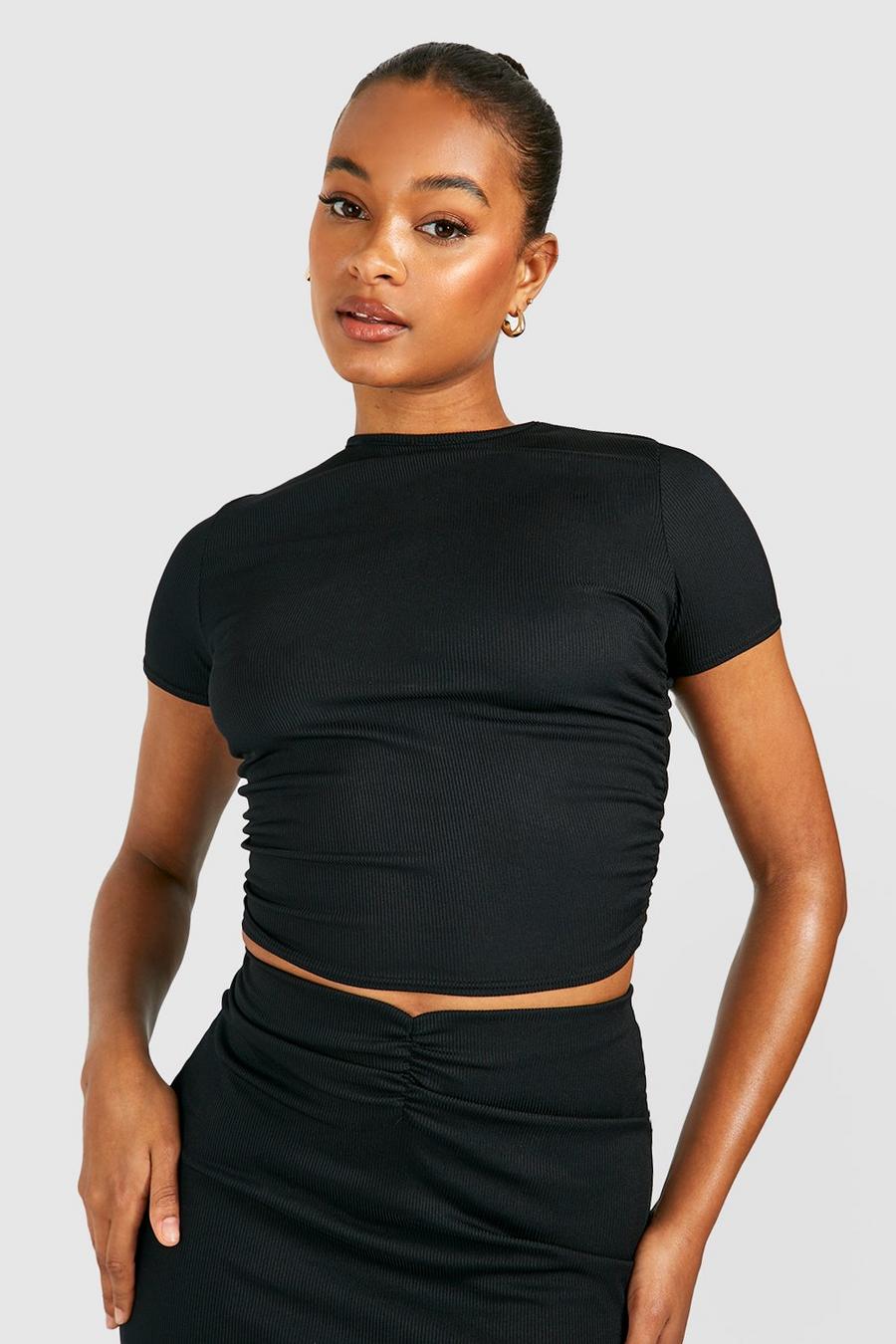 Black Tall Rib Crew Neck Ruched Side Crop Top image number 1
