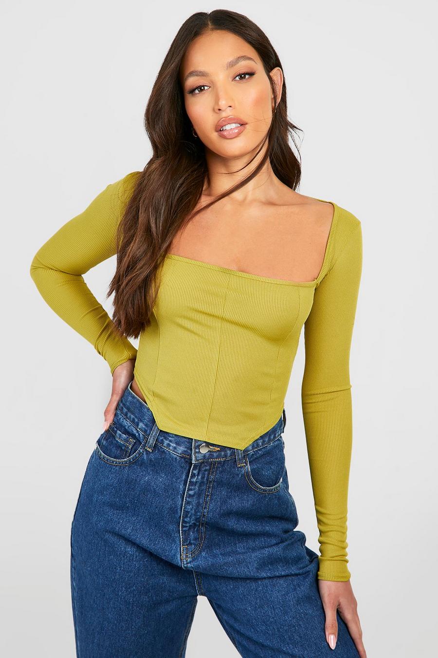 Lime Tall Rib Corset Detail Longsleeve Top image number 1