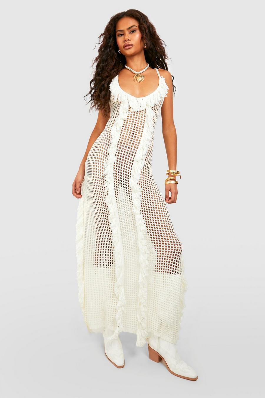 Cream white Crochet Fringed Cover Up Beach Maxi Dress image number 1
