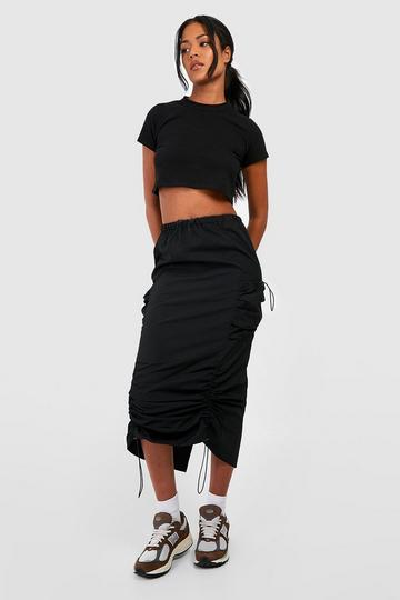 Black Tall Cargo Pocket Drawstring Ruched Parachute Midi Skirt