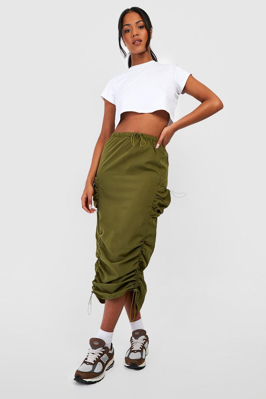 Khaki Tall Cargo Pocket Drawstring Ruched Parachute Midaxi Skirt
