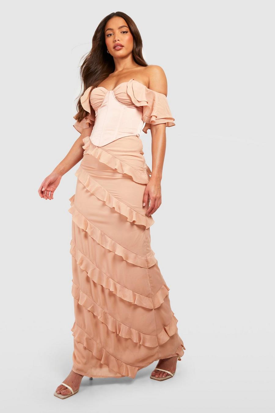 Champagne Tall Maxi Rok Met Ruches En Franjes image number 1