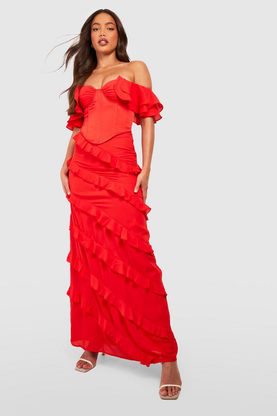 Red Tall Ruffle Frill Maxi Skirt image number 1