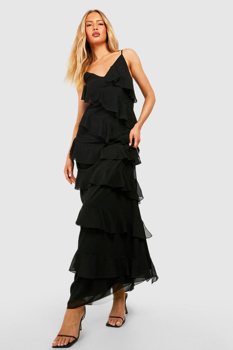 Black svart Tall Chiffon Ruffle Detail Maxi Dress