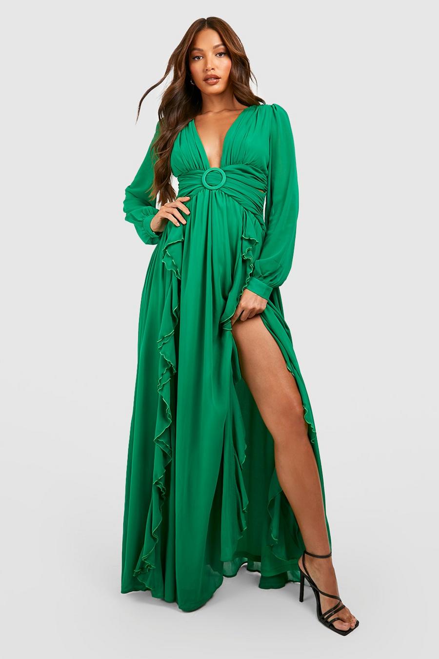 Green Tall Cut Out Ruffle Maxi Dress