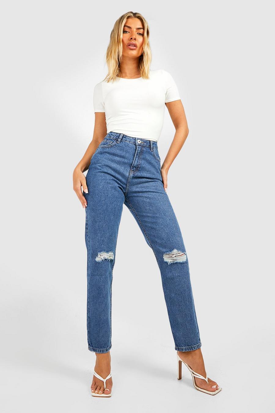Mid blue Ripped Knee Straight Fit Jeans image number 1