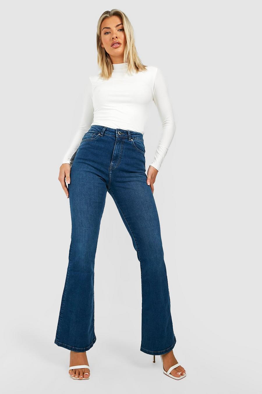 Mid blue High Waisted Full Length Flared Jeans image number 1