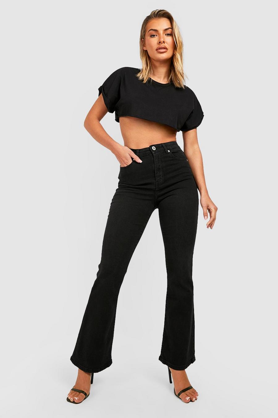 True black High Waisted Full Length Flared Jeans image number 1