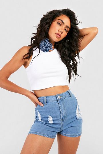 High Waisted Ripped Disco Jean Shorts light wash