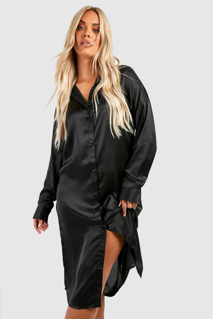 Black Plus Satin Midi Shirt Dress image number 1