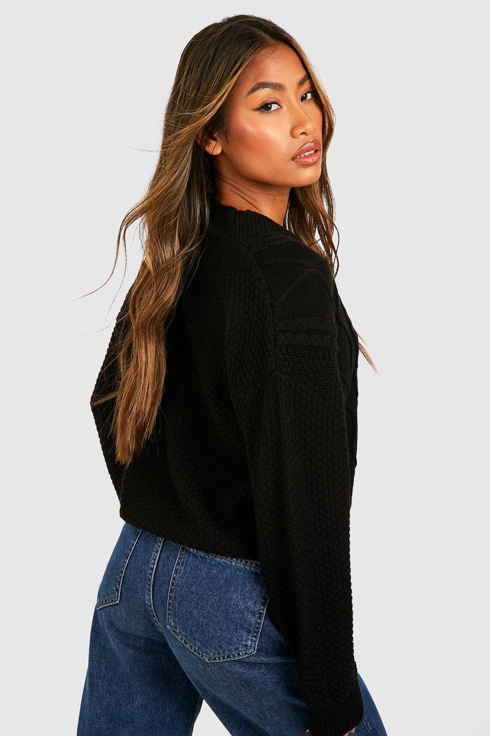 boohoo Chunky Knit Cropped Cardigan - Black - Size M