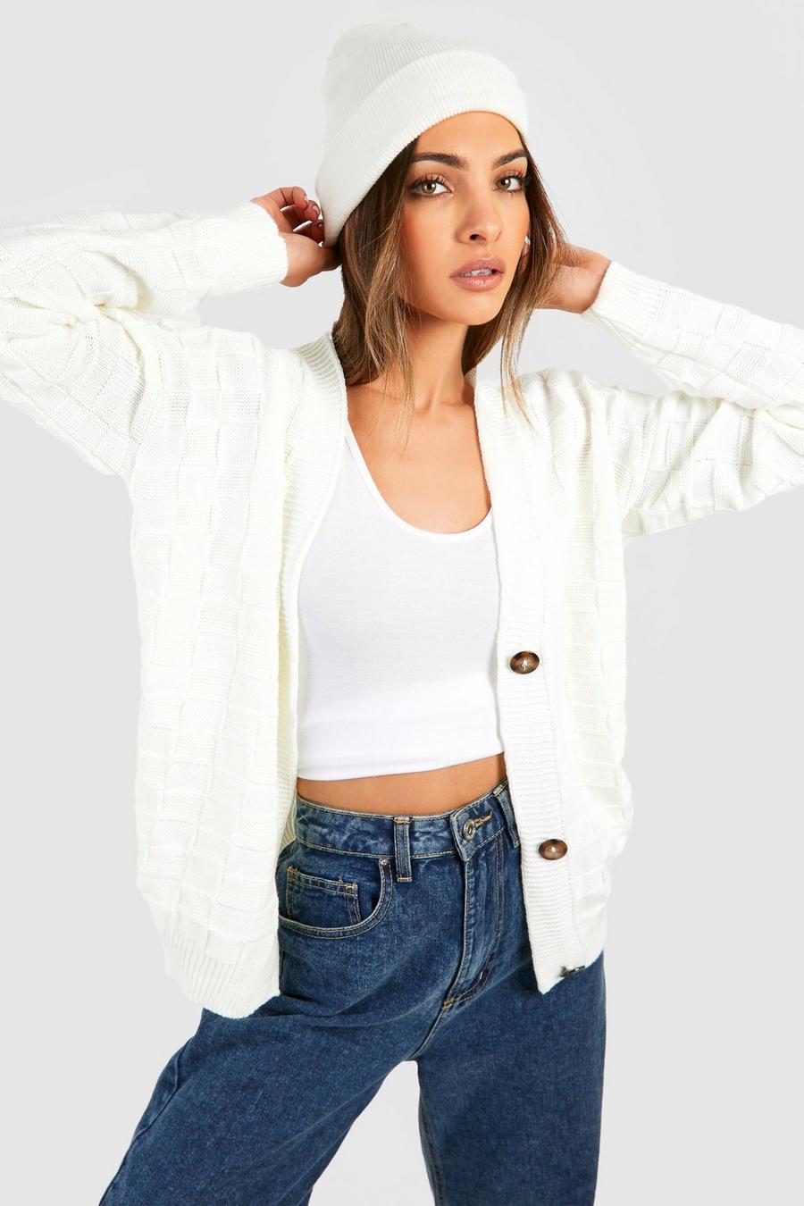 Ivory white Checkerboard Knit Crop Cardigan image number 1