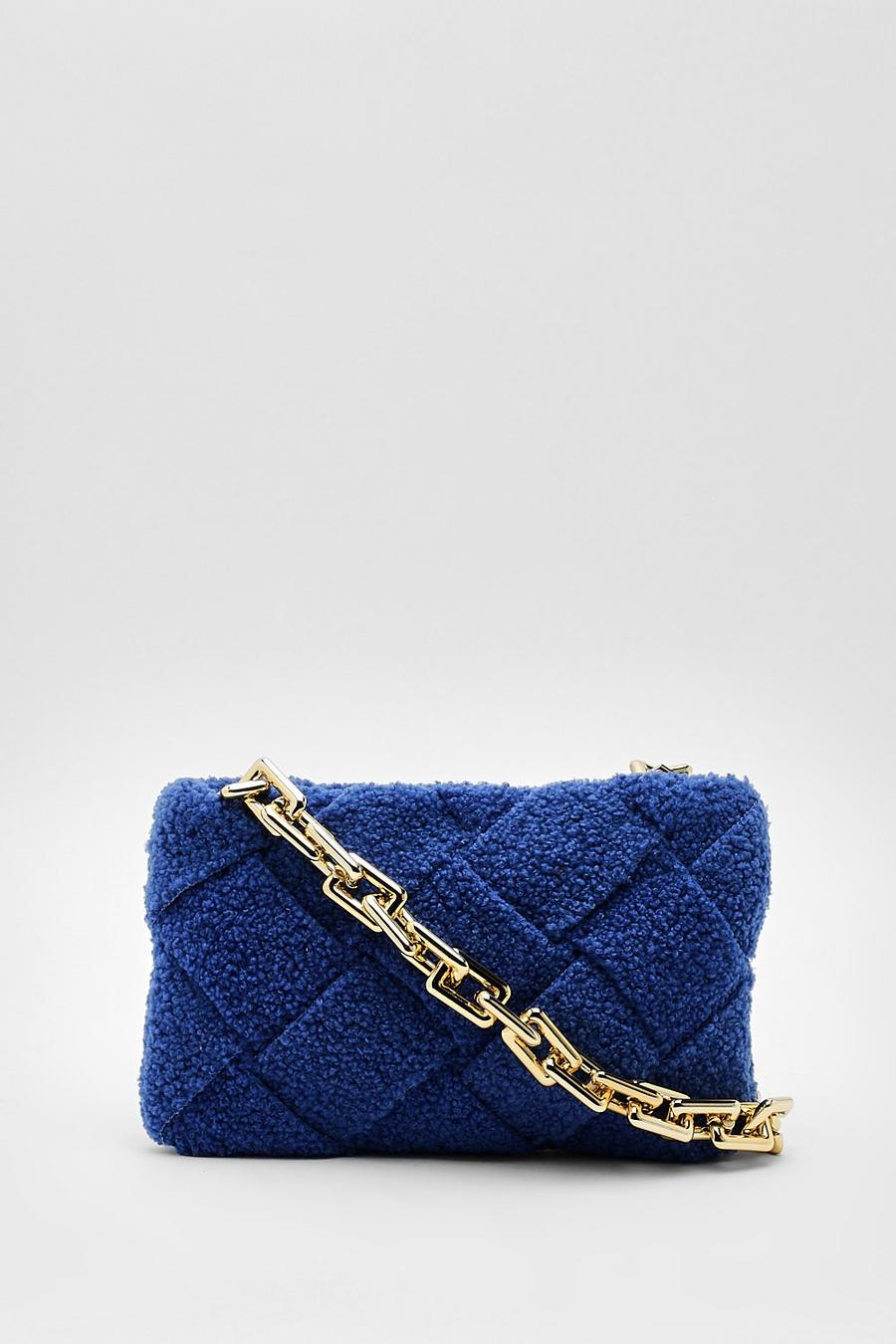 Blue Faux Shearling Woven Chain Shoulder Bag