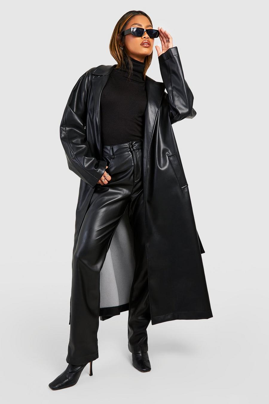 Black svart Oversized Faux Leather Belted Trench Coat