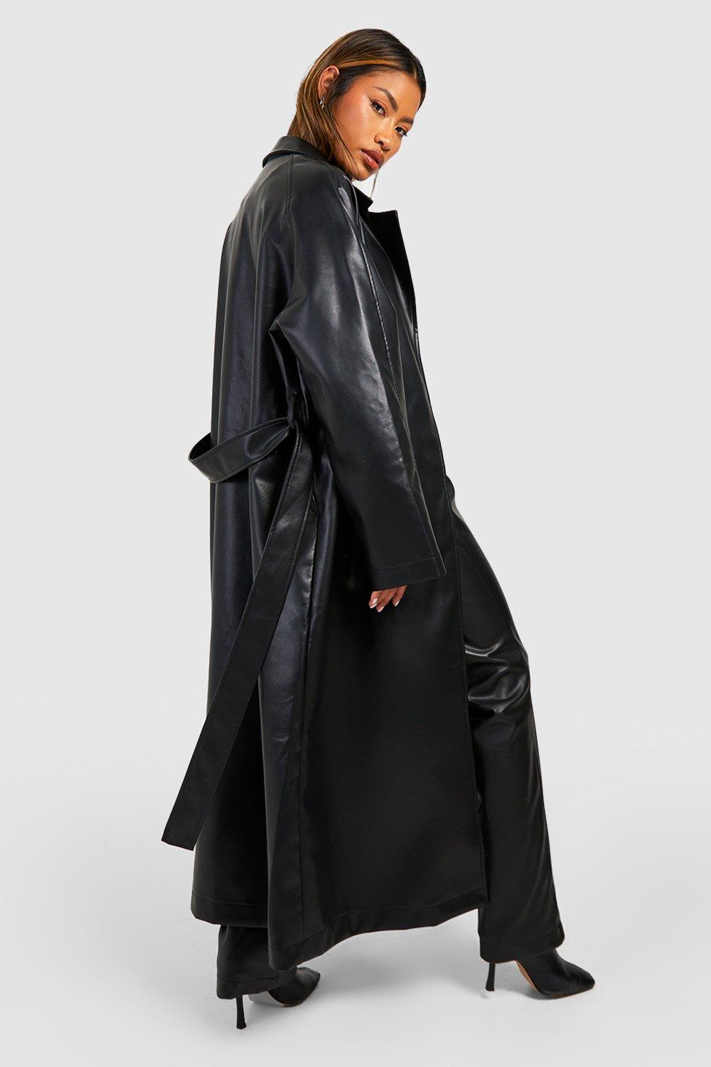 Oversized Faux Leather Belted Trench Coat | boohoo