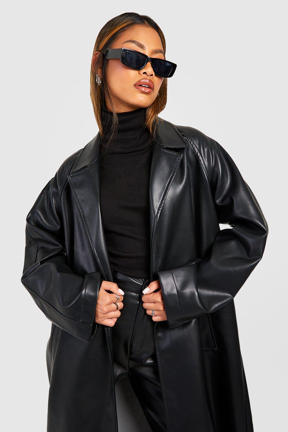 boohoo Oversized Faux Leather Belted Trench Coat Black Size 12