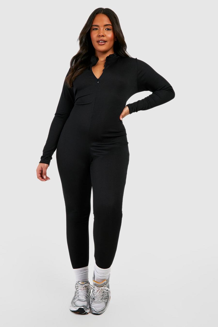 Black Plus Basic Ribbed Zip Up Skinny Jumpsuit image number 1