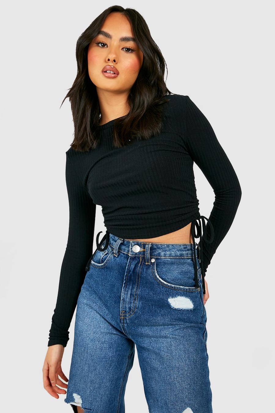Black Soft Rib Knit Ruched Side Crop Sweater image number 1