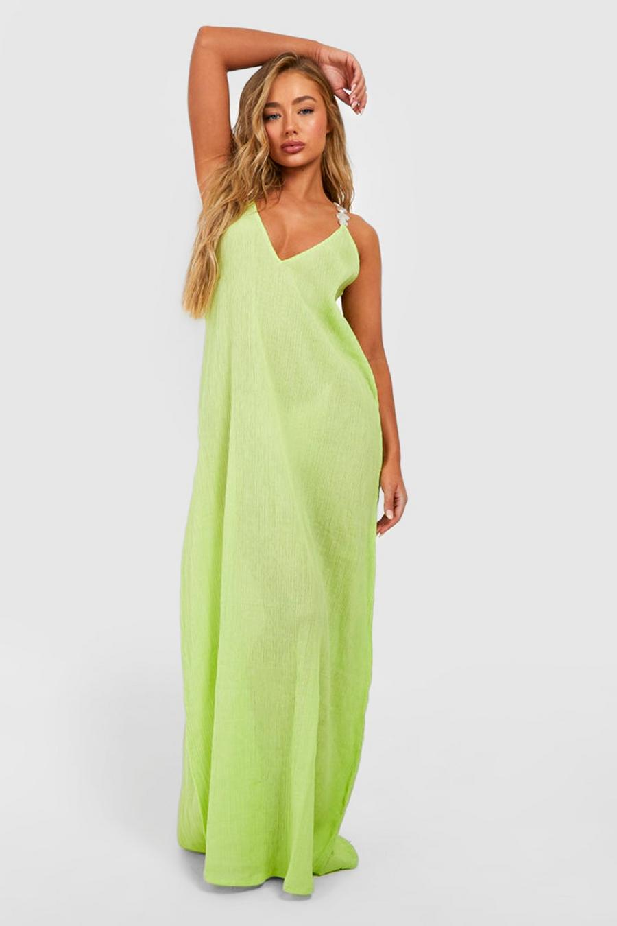 Lime Pearl Stone Strap Cheesecloth Maxi Beach Dress image number 1