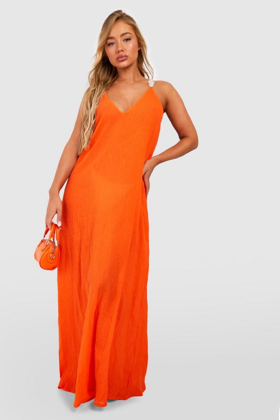 Orange Pearl Stone Strap Cheesecloth Maxi Beach Dress