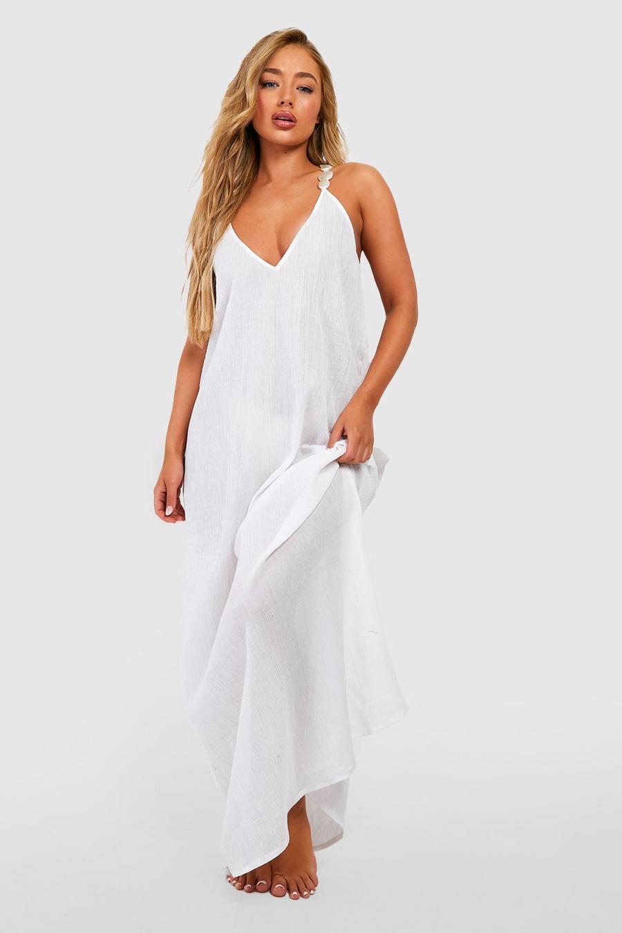 White Pearl Stone Strap Cheesecloth Maxi Beach Dress image number 1