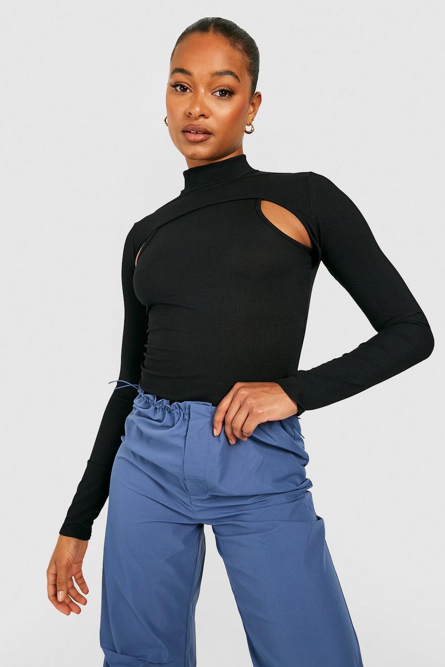 Black Tall Rib Cut Out Overlay Roll Neck Top image number 1