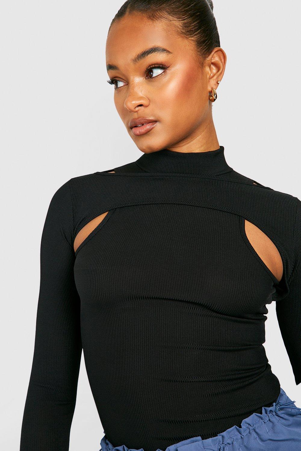 Tall Rib Cut Out Overlay Turtleneck Top boohoo USA