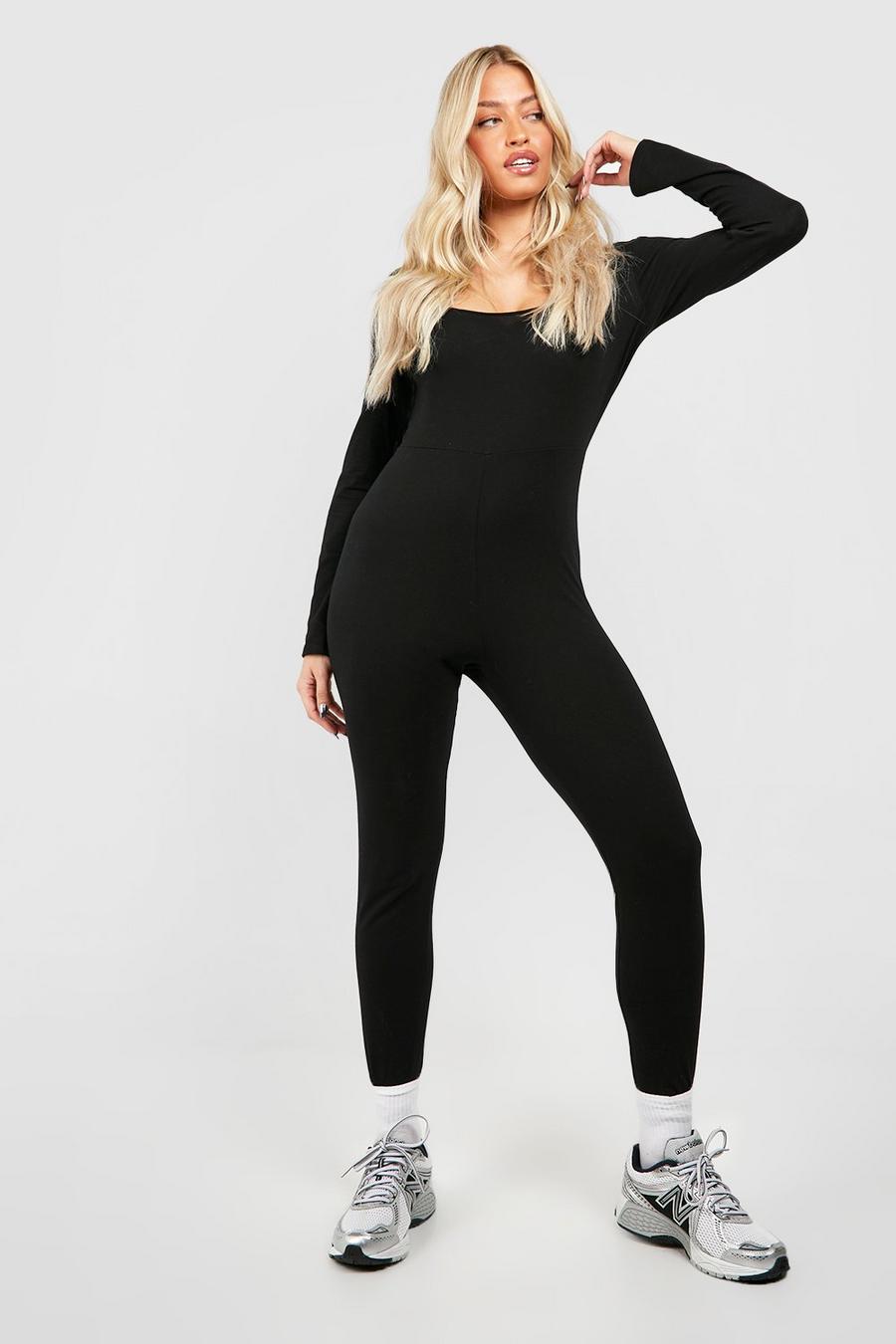 Langärmliger Basic Rundhals-Jumpsuit aus Baumwolle, Black image number 1