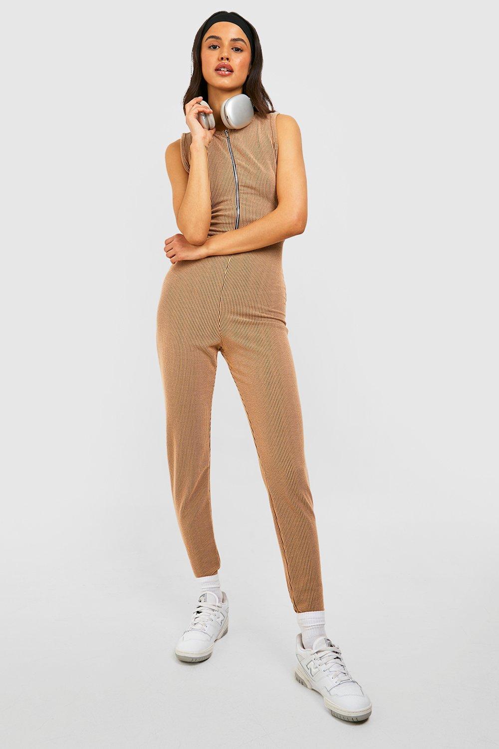 Two Tone Rib Long Sleeve Zip Through Unitard Jumpsuit