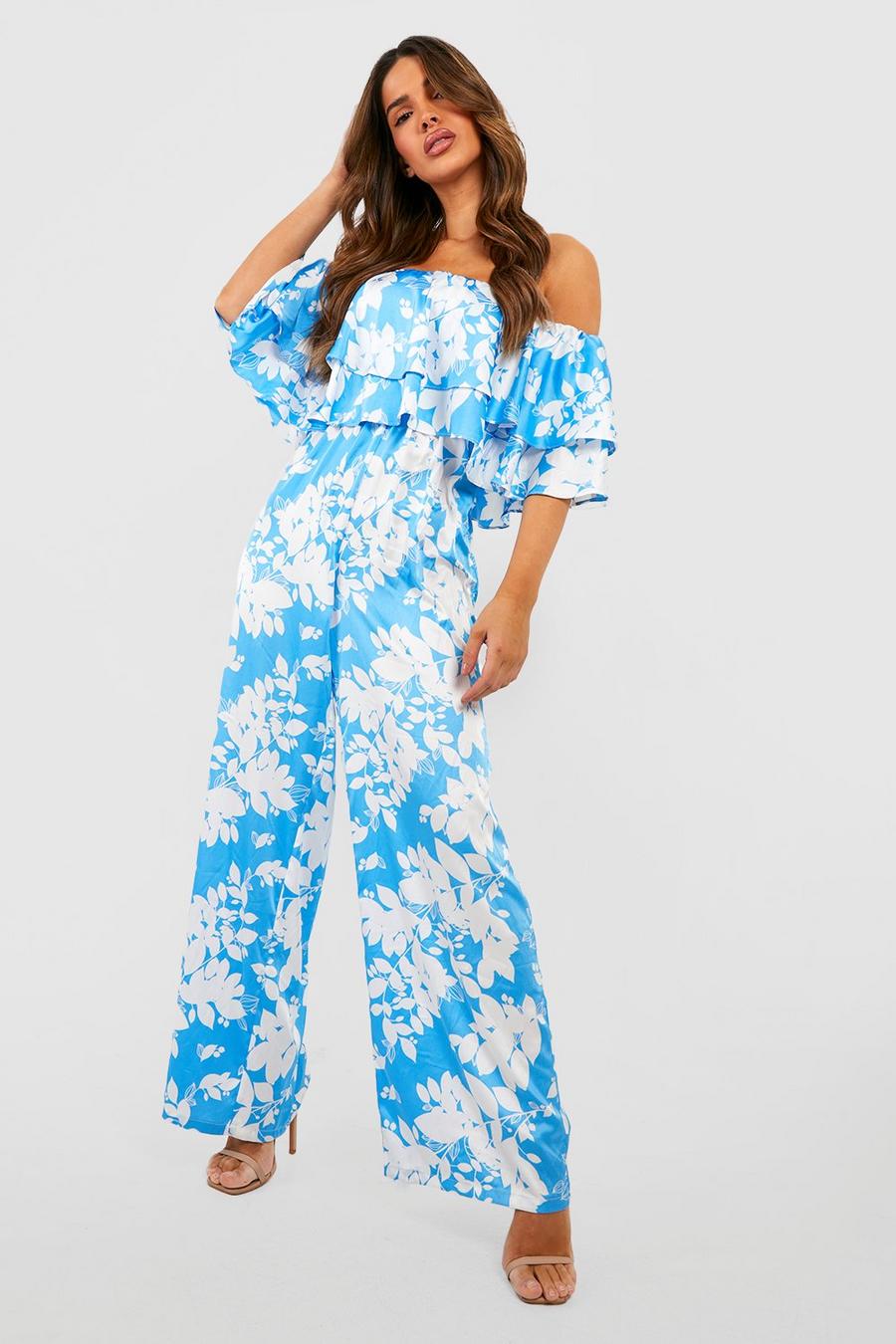 Blue Floral Print Tiered Ruffle Off The Shoulder Wide Leg Jumpsuit image number 1