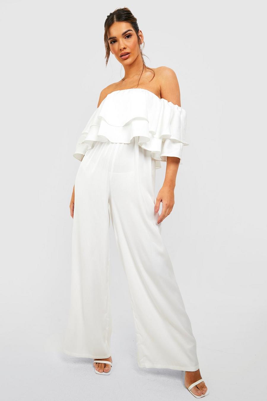 Ivory Tiered Ruffle Off The Shoulder Wide Leg Jumpsuit image number 1