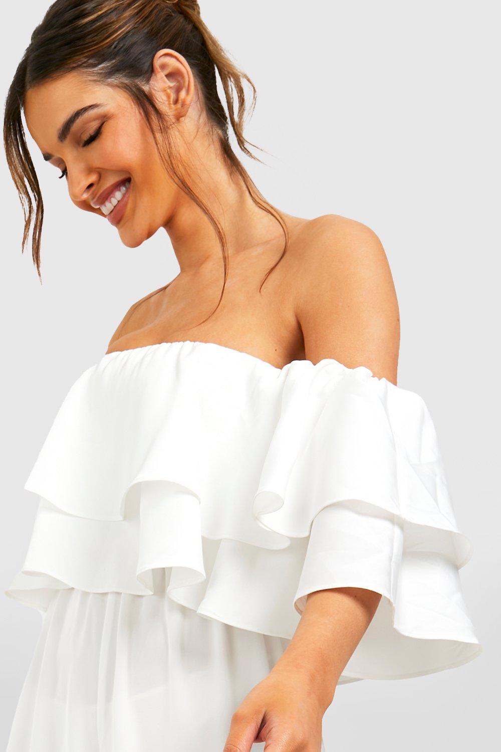 Tiered Ruffle Bardot Wide Leg Jumpsuit boohoo NO