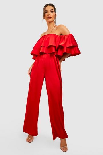 Tiered Ruffle Off The Shoulder Wide Leg Jumpsuit red