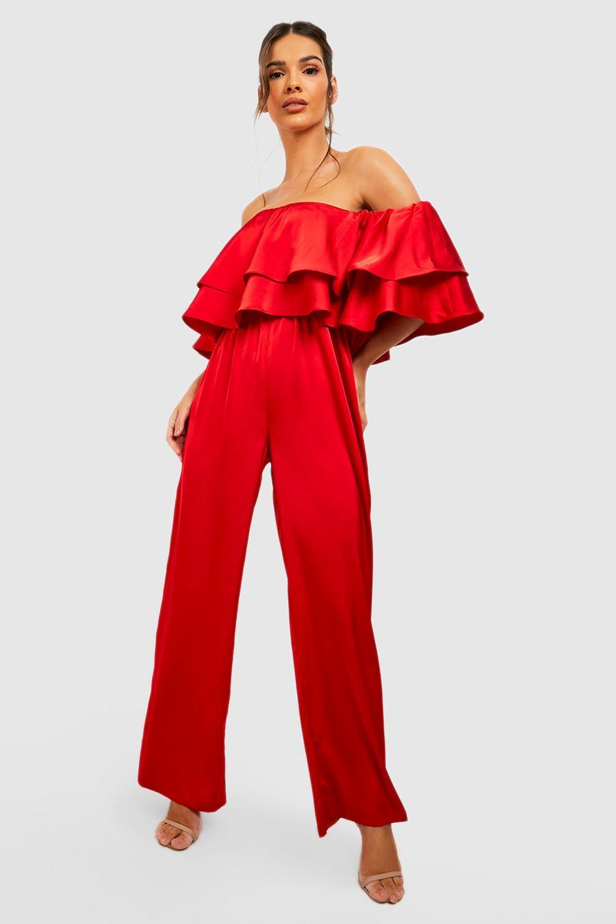 Red Tiered Ruffle Bardot Wide Leg Jumpsuit image number 1