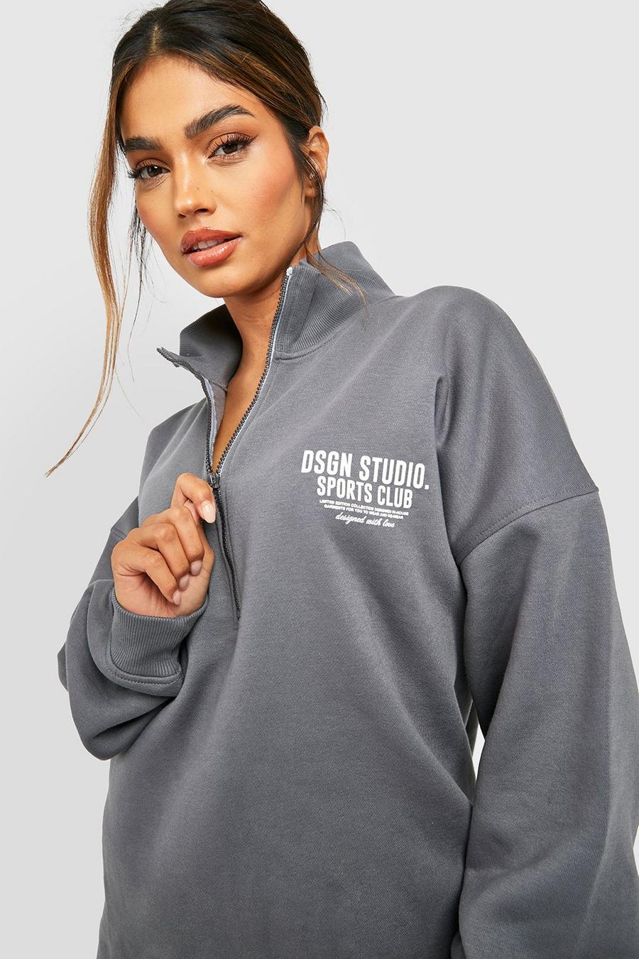 Sweatshirt mit halbem Reißverschluss und Sports Club Slogan, Charcoal grey