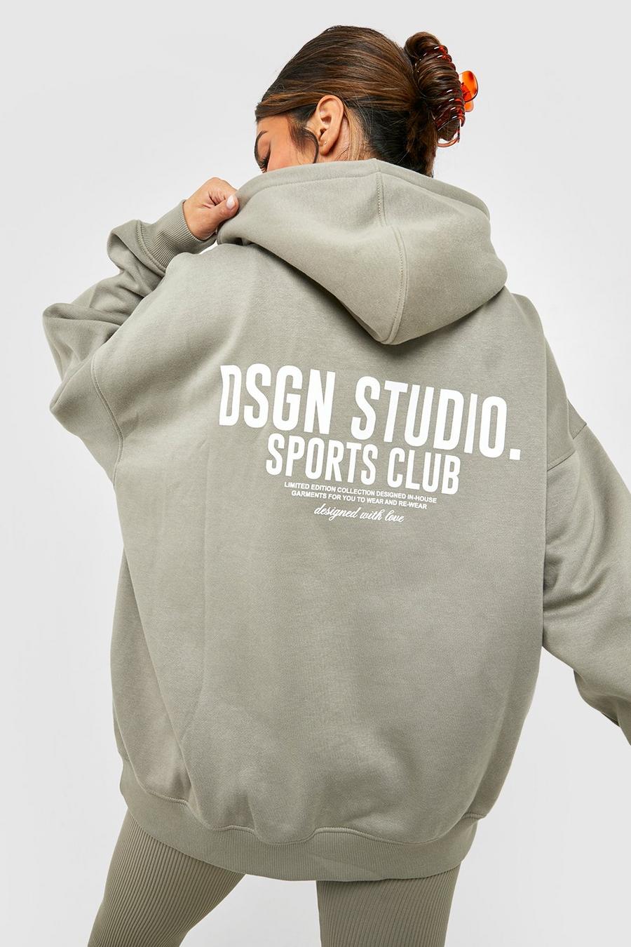 Felpa oversize con slogan Dsgn Studio Sports Club e cappuccio, Washed khaki image number 1