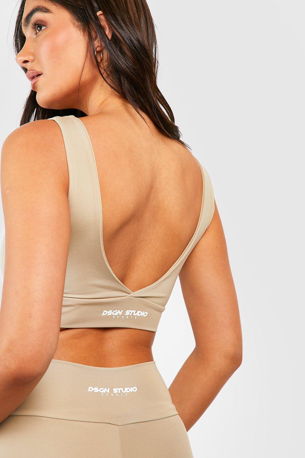 Buy Boohoo Supersoft Peached Sculpt Padded Sports Bra In Khaki