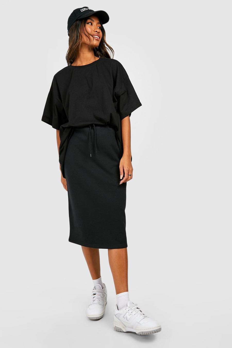 Black Drawstring Waist Midi Sweat Skirt