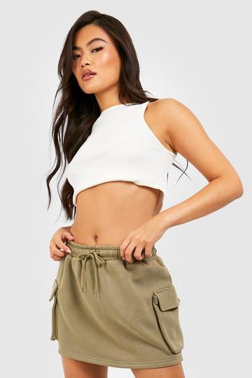 Drawstring Waist Cargo Pocket Mini Sweat Skirt khaki