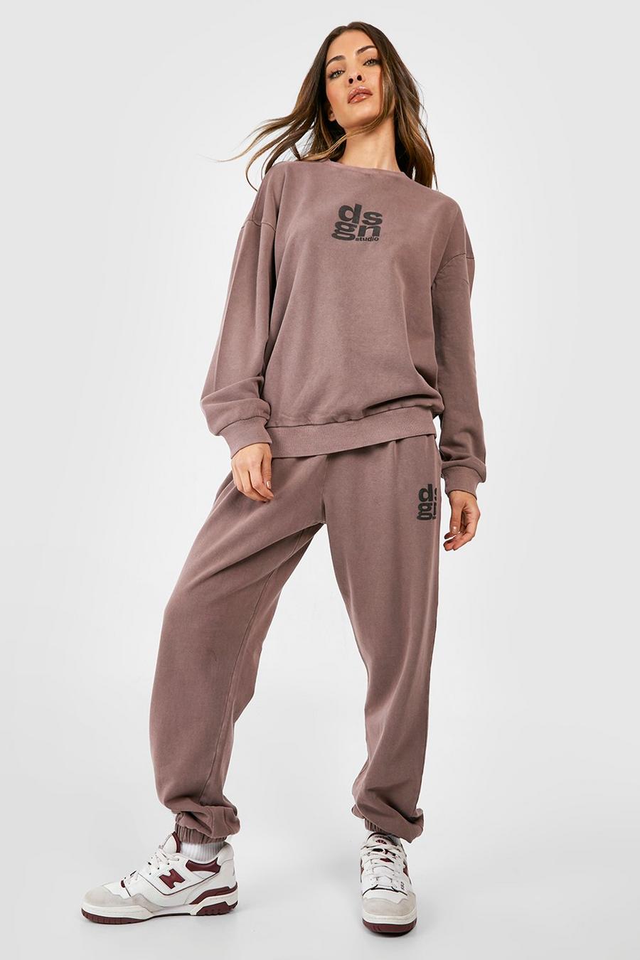 Dsgn Puff Print Overdyed Sweater Tracksuit, Chocolate marrón