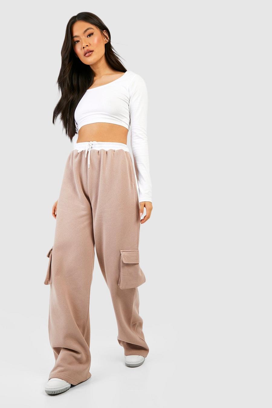Taupe Contrast Waistband Wide Leg Cargo Track Pants image number 1