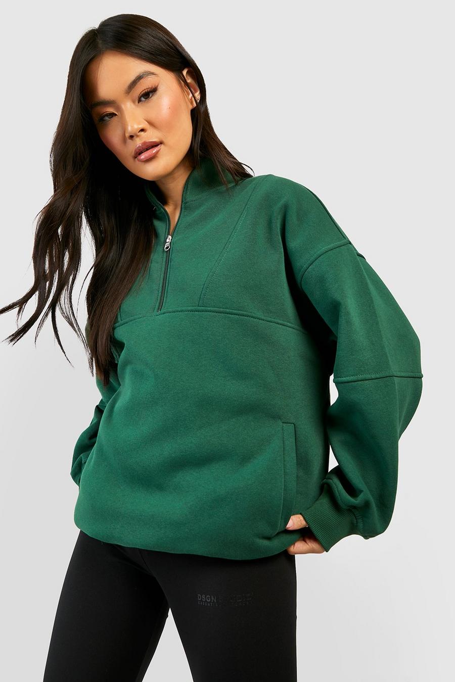 Green Seam Detail Half Zip Oversized Sweatshirt 
